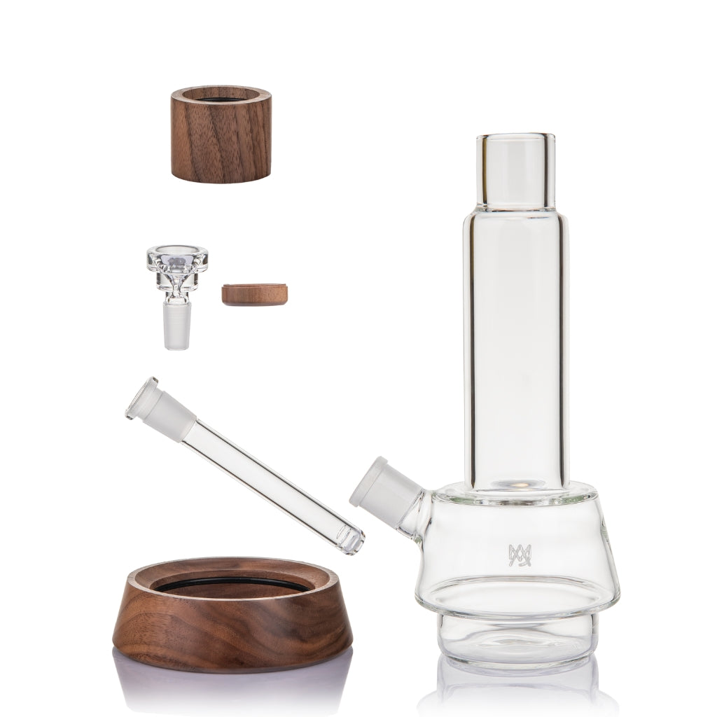 MJ Arsenal Alpine Lookout Water Pipe disassembled, showing bowl, downstem, and wood base