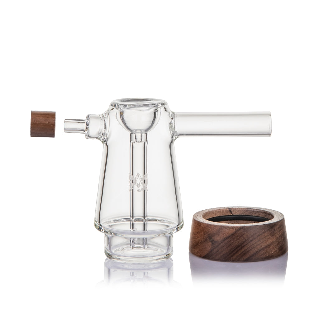 MJ Arsenal Mesa Bubbler disassembled, showing wood base and glass body