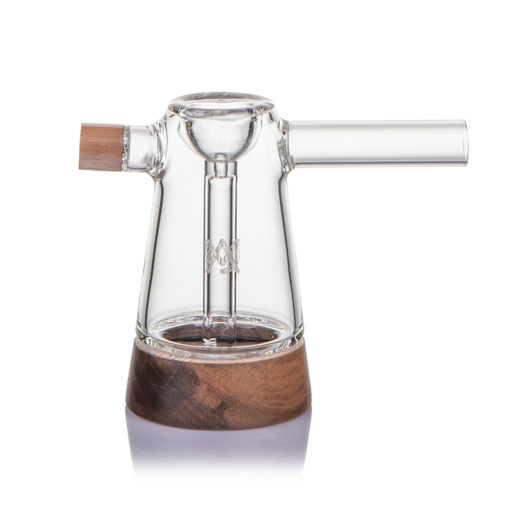MJ Arsenal Mesa Bubbler in clear glass with black walnut wood accents, front view