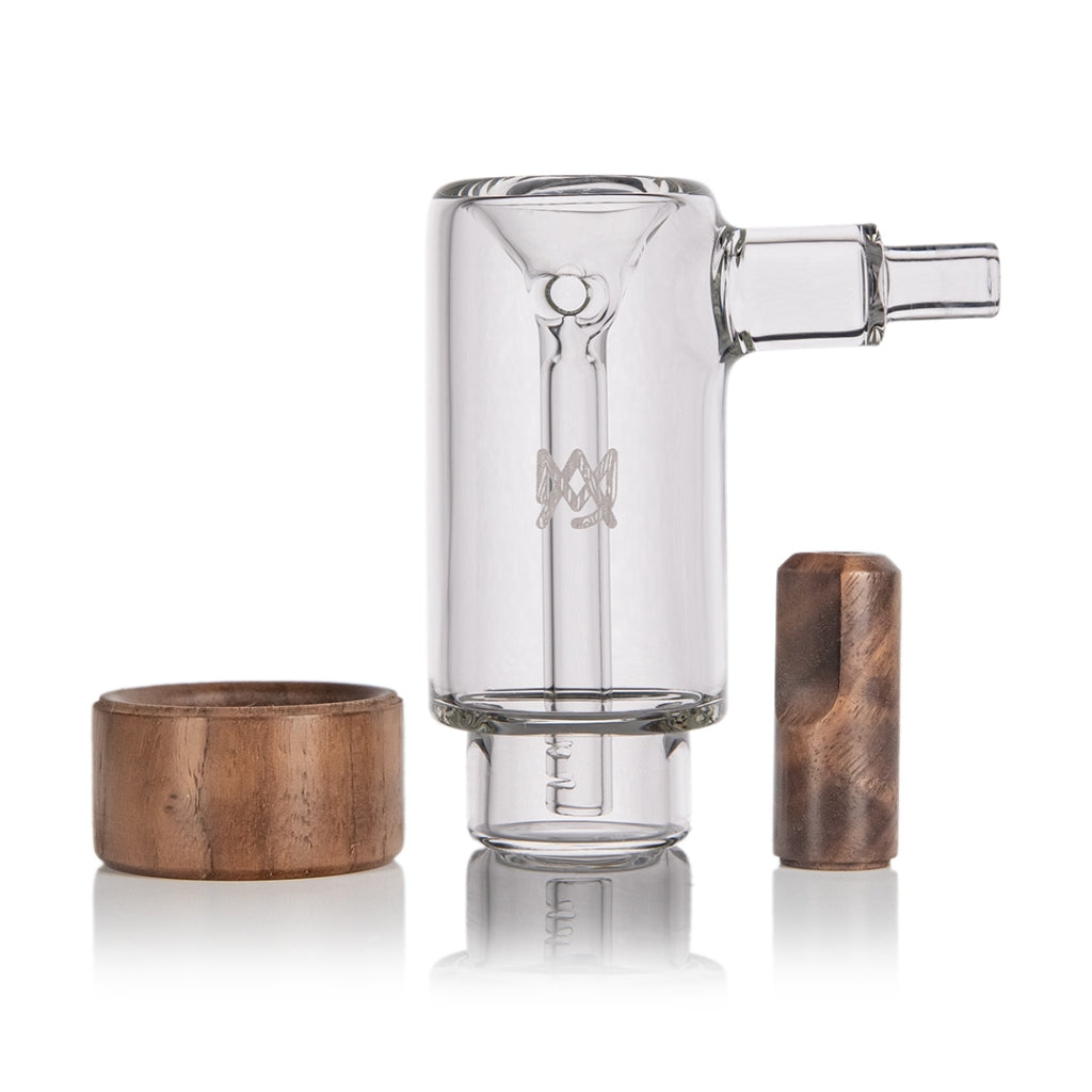 MJ Arsenal Steamboat Bubbler disassembled, showing wood base and mouthpiece