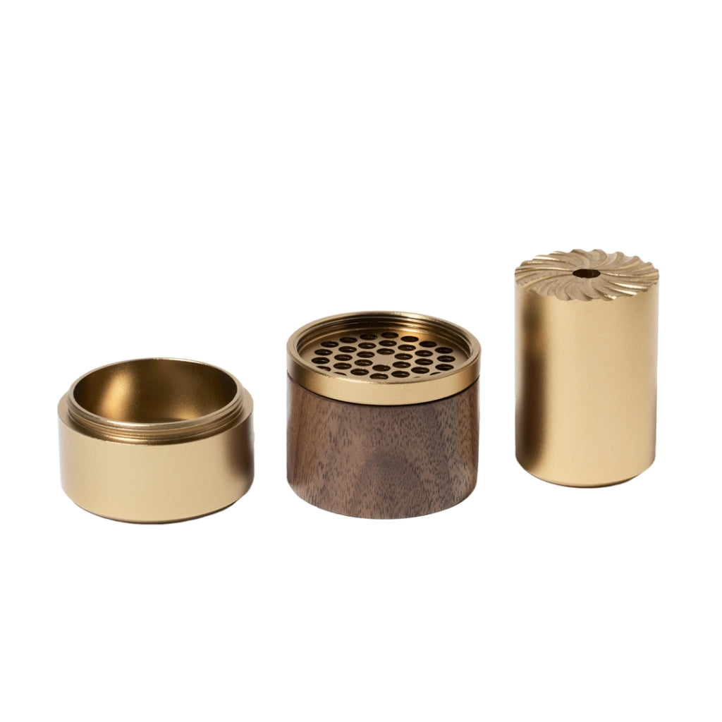 NWTN Home Mortar & Pestle Grinder disassembled at an angle, showing pestle, wood sleeve, mortar, and basin