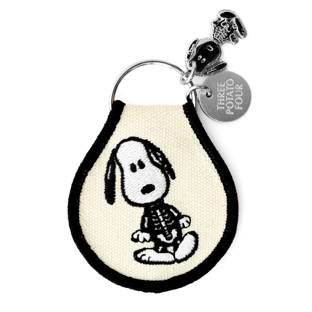 Peanuts Snoopy Skeleton embroidered patch keychain by Three Potato Four, with enamel Snoopy charm and metal tag