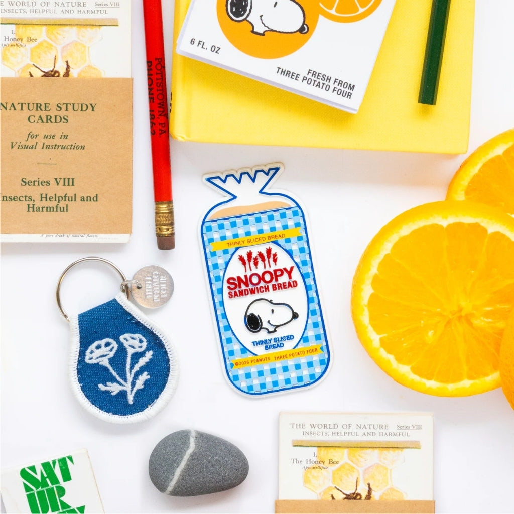 Snoopy Sandwich Bread fridge magnet styled with vintage nature study cards, orange slices, and pencils