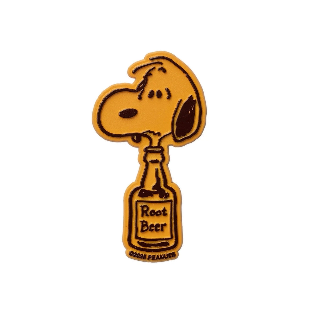 Peanuts Snoopy Root Beer fridge magnet by Three Potato Four, Snoopy drinking from a root beer bottle in amber molded rubber