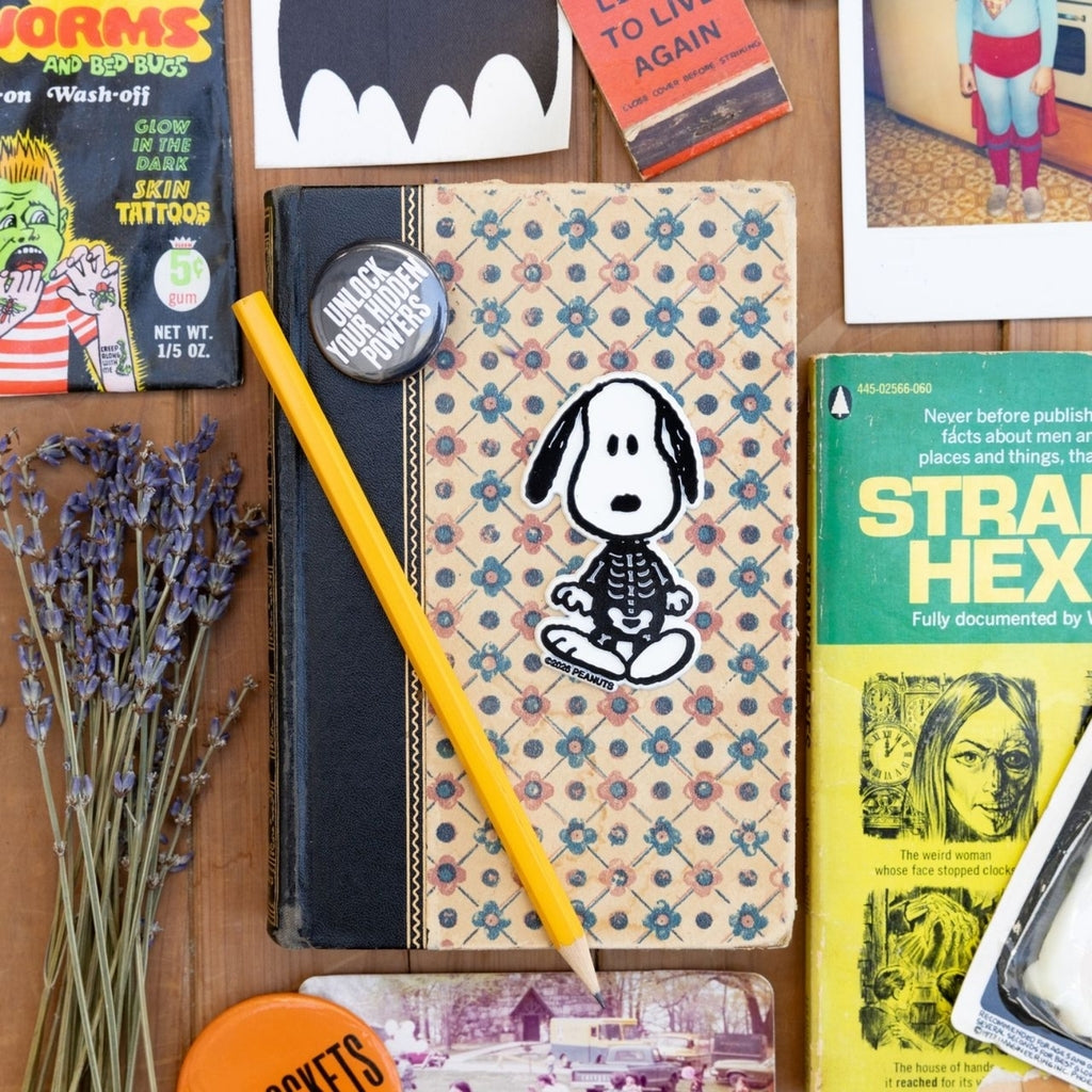 Snoopy Skeleton fridge magnet on a vintage book, styled with retro Halloween novelties, a paperback, and dried lavender