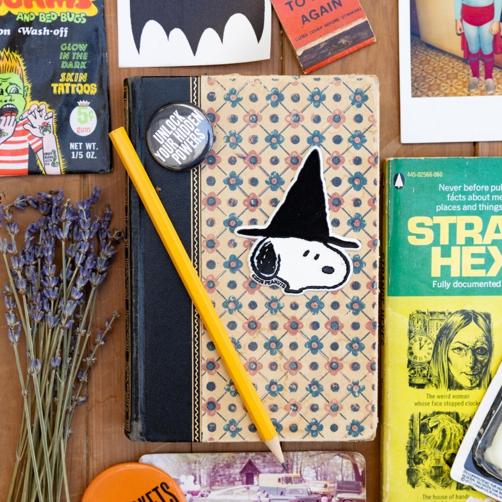 Snoopy Witch fridge magnet on a vintage book, styled with retro Halloween novelties, a paperback, and dried lavender