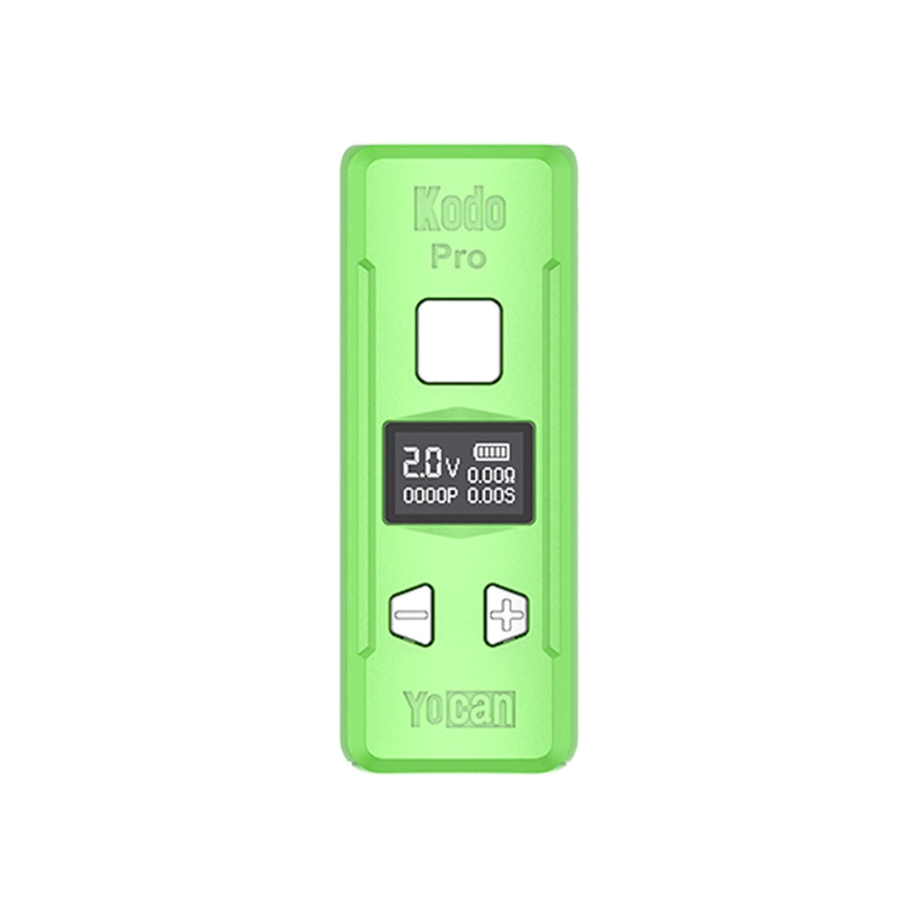 Green Yocan Kodo Pro cartridge battery with an OLED display, variable voltage controls, and compact design for portable vaping.