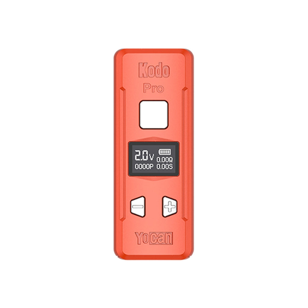 Compact orange Yocan Kodo Pro cartridge battery with OLED display, buttons for voltage control, and USB-C charging port.