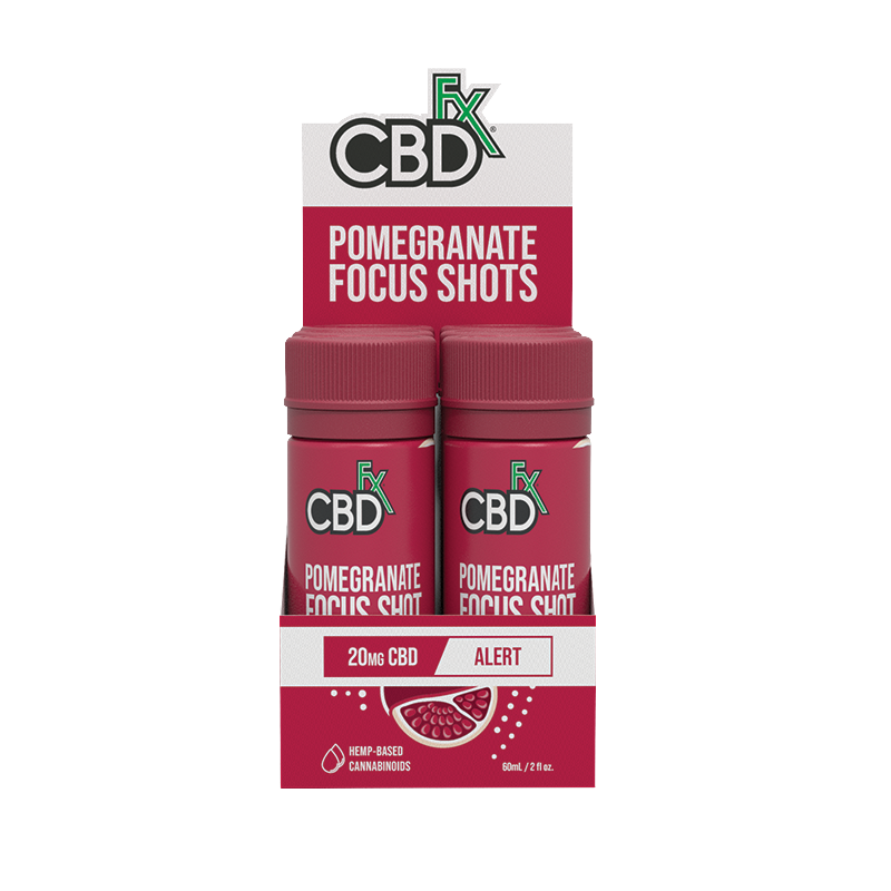 cbdfx pomegranate focus shots cbd drink display case
