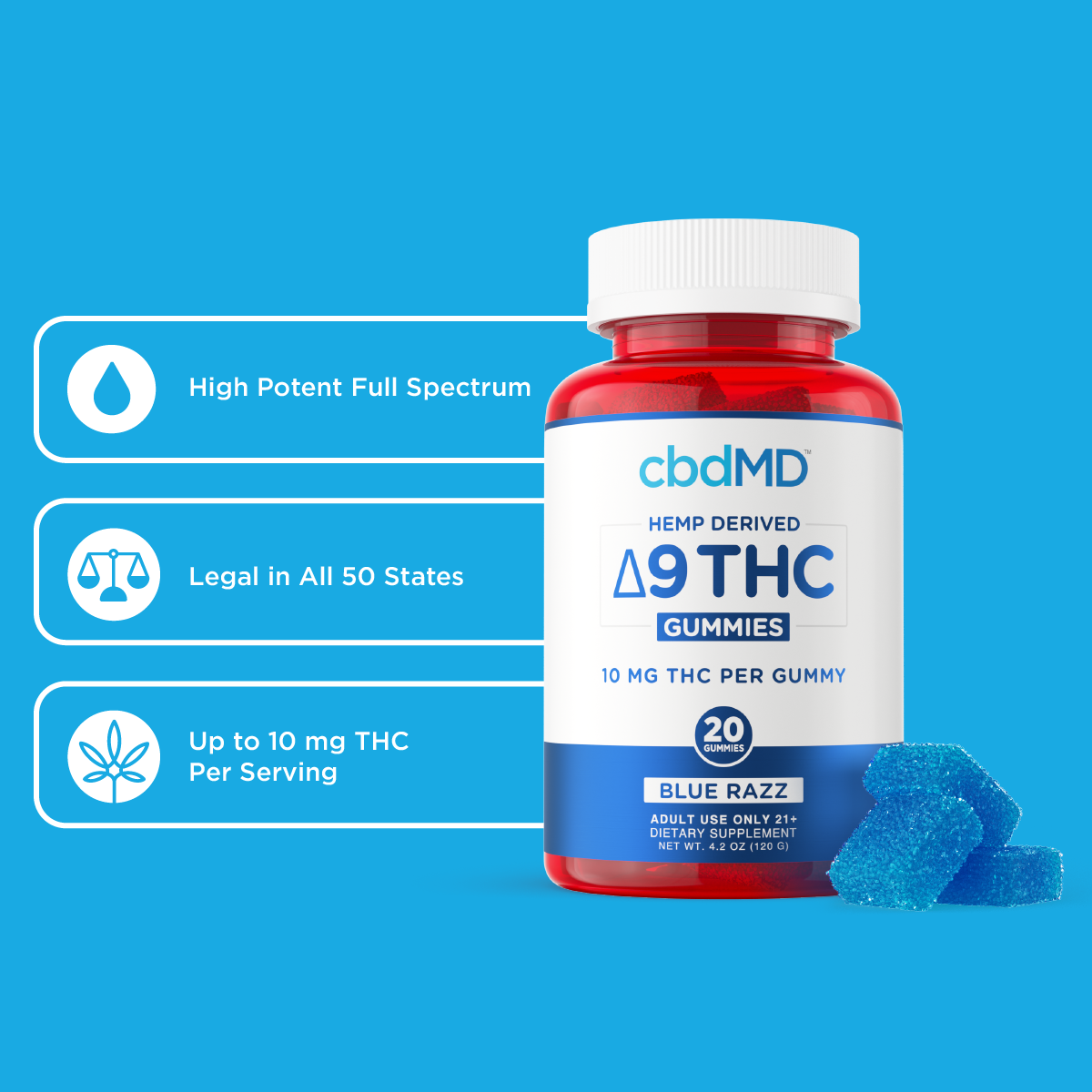 cbdmd delta 9 thc gummies hemp blue razz 10mg