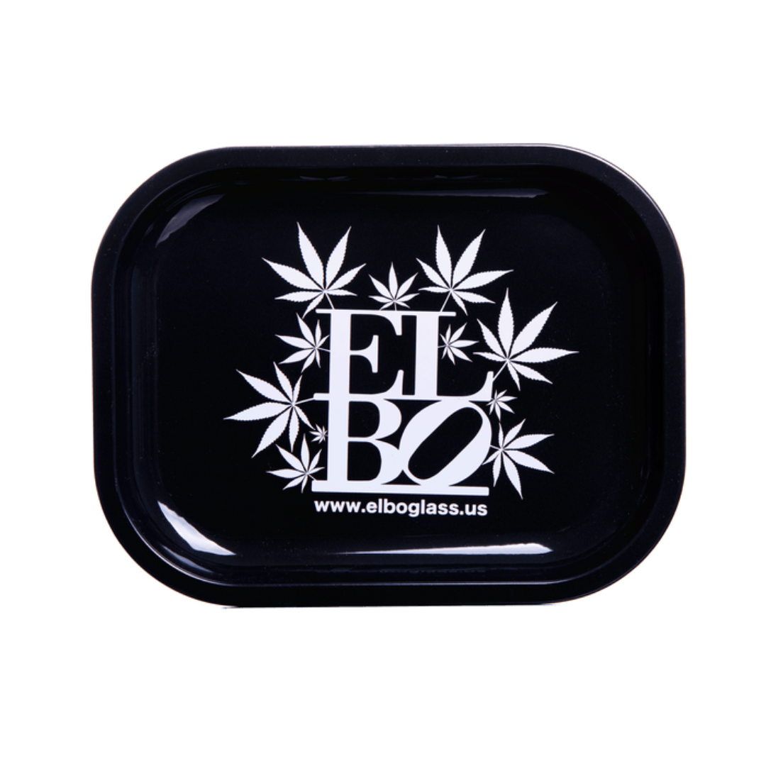 elbo metal rolling tray black leaf logo small