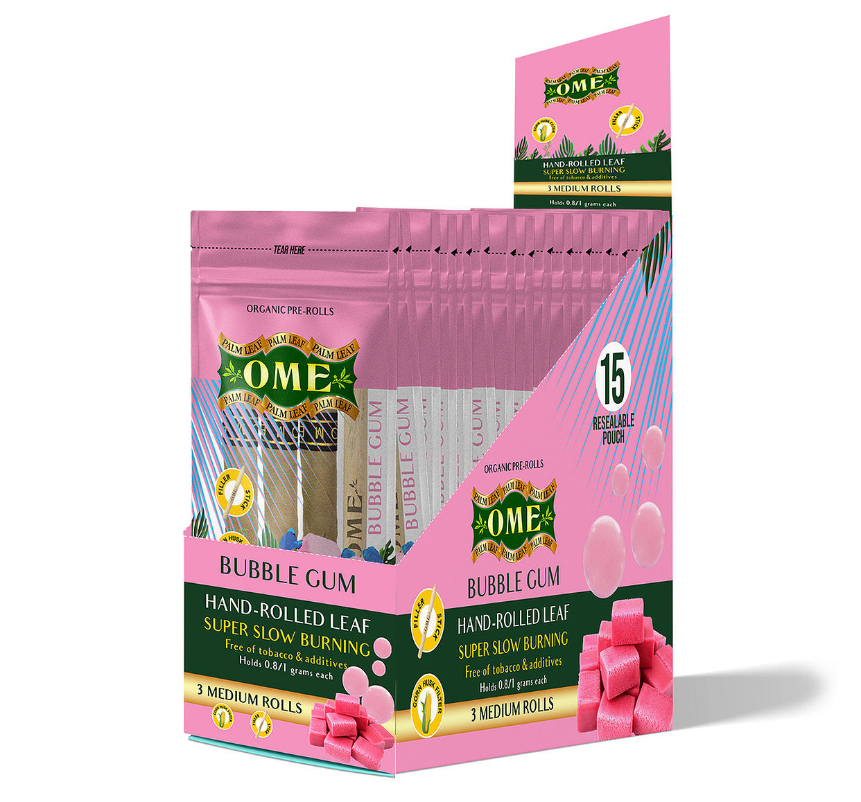 ome palm leaf bubble gum pre rolled cones box