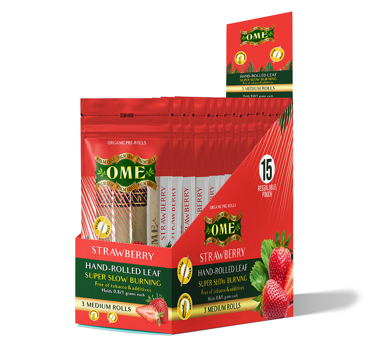ome palm leaf strawberry pre rolled cones box