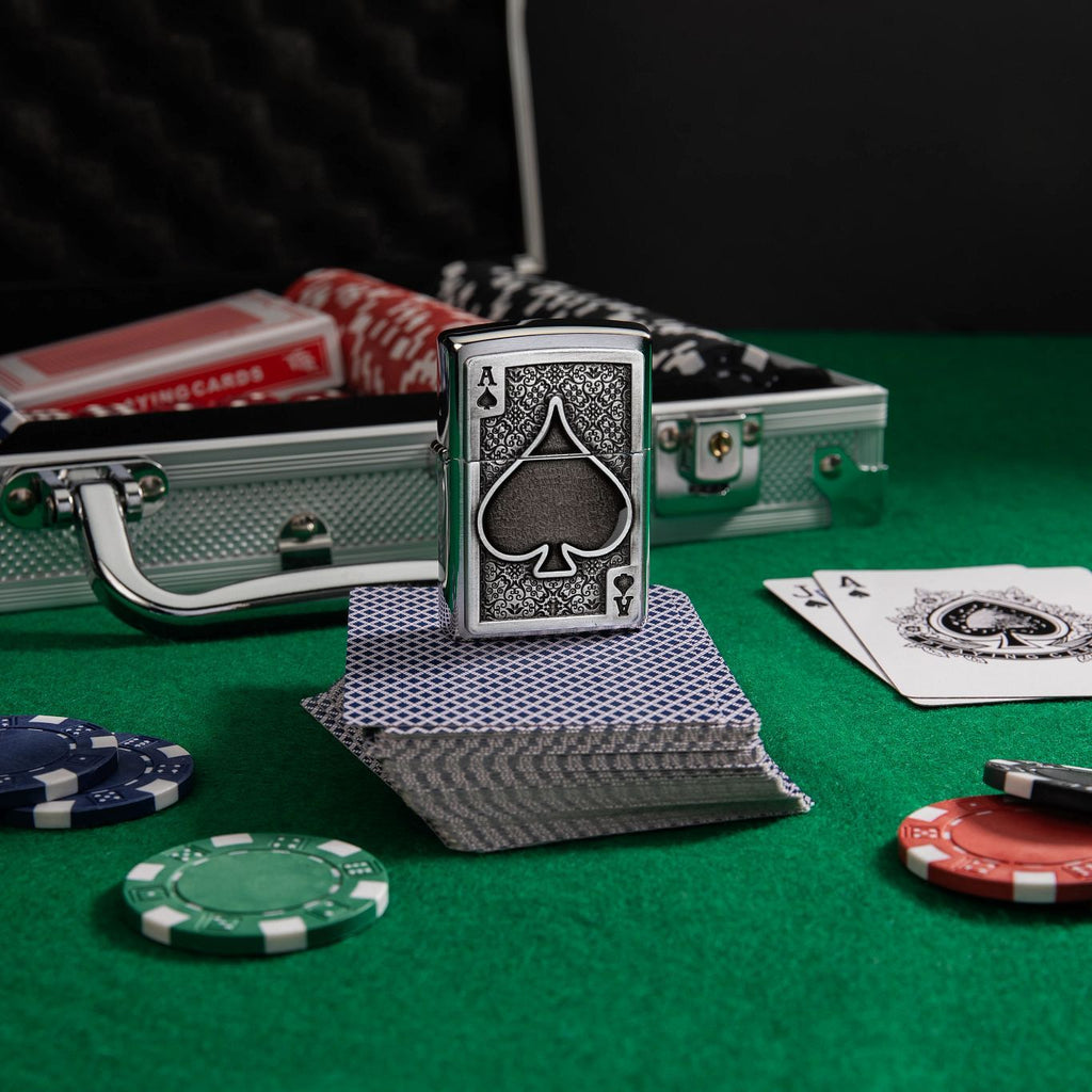 Zippo Windproof Butane Lighter Brushed Chrome Ace of Spades Poker Design