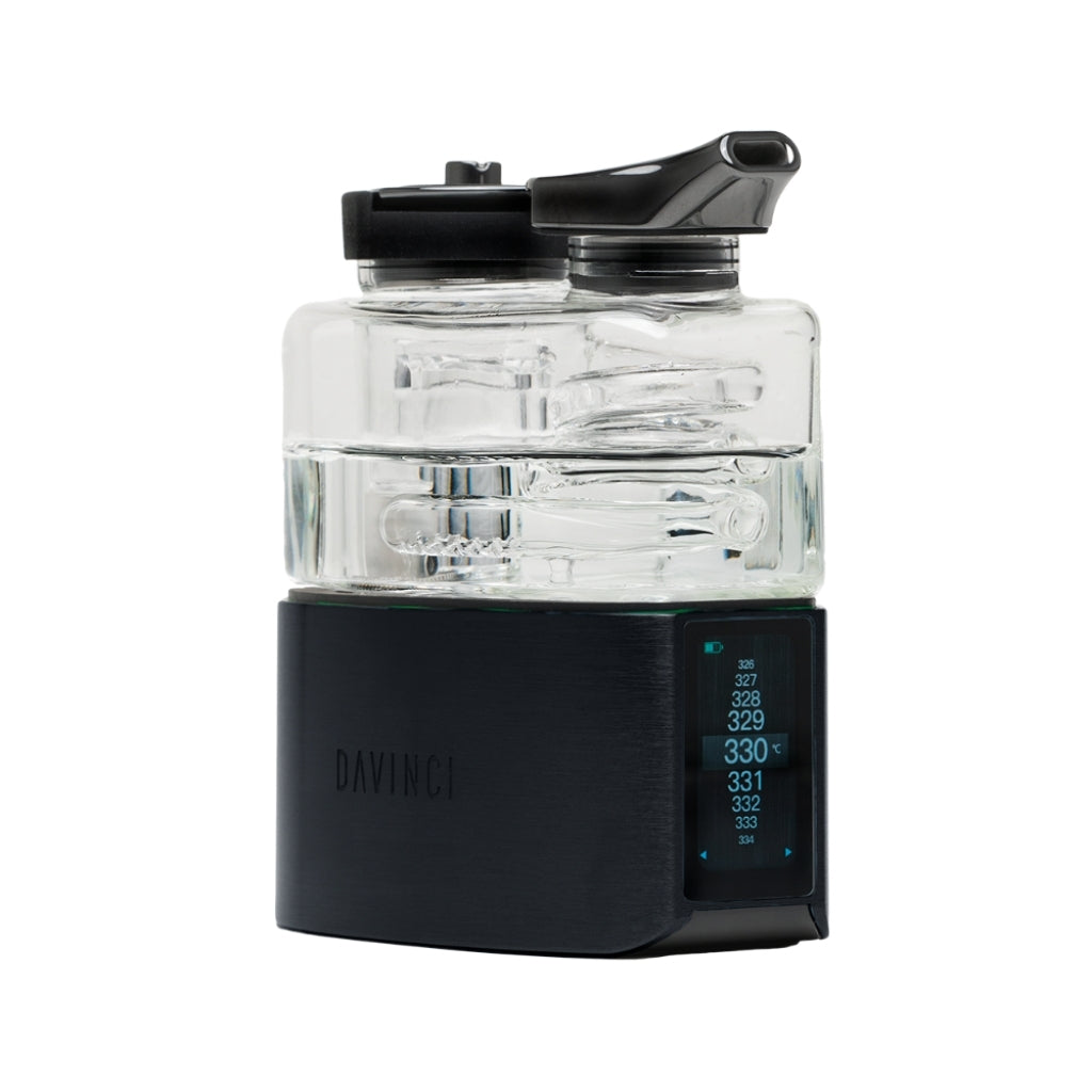 DaVinci EQ E-Rig with a clear glass bubbler and sleek black base featuring a touchscreen display for temperature control.
