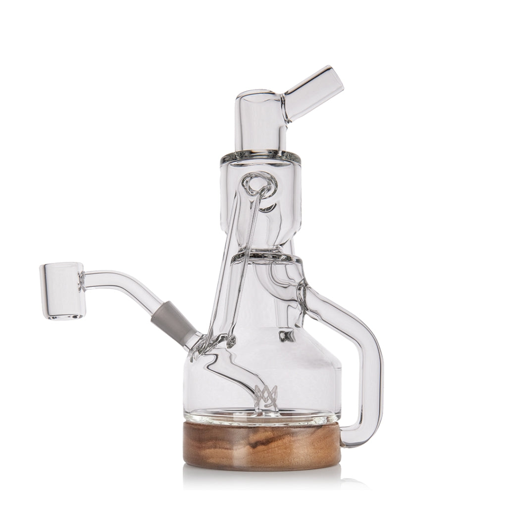 MJ Arsenal Apex Mini Dab Rig front view with double uptake recycler and walnut base