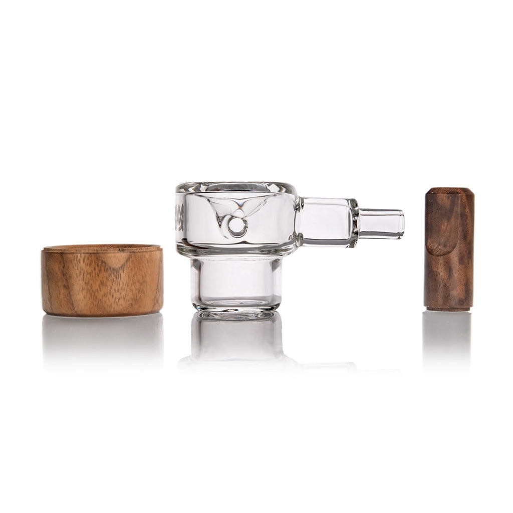 MJ Arsenal Granby Hand Pipe disassembled, showing bowl, walnut mouthpiece, and base