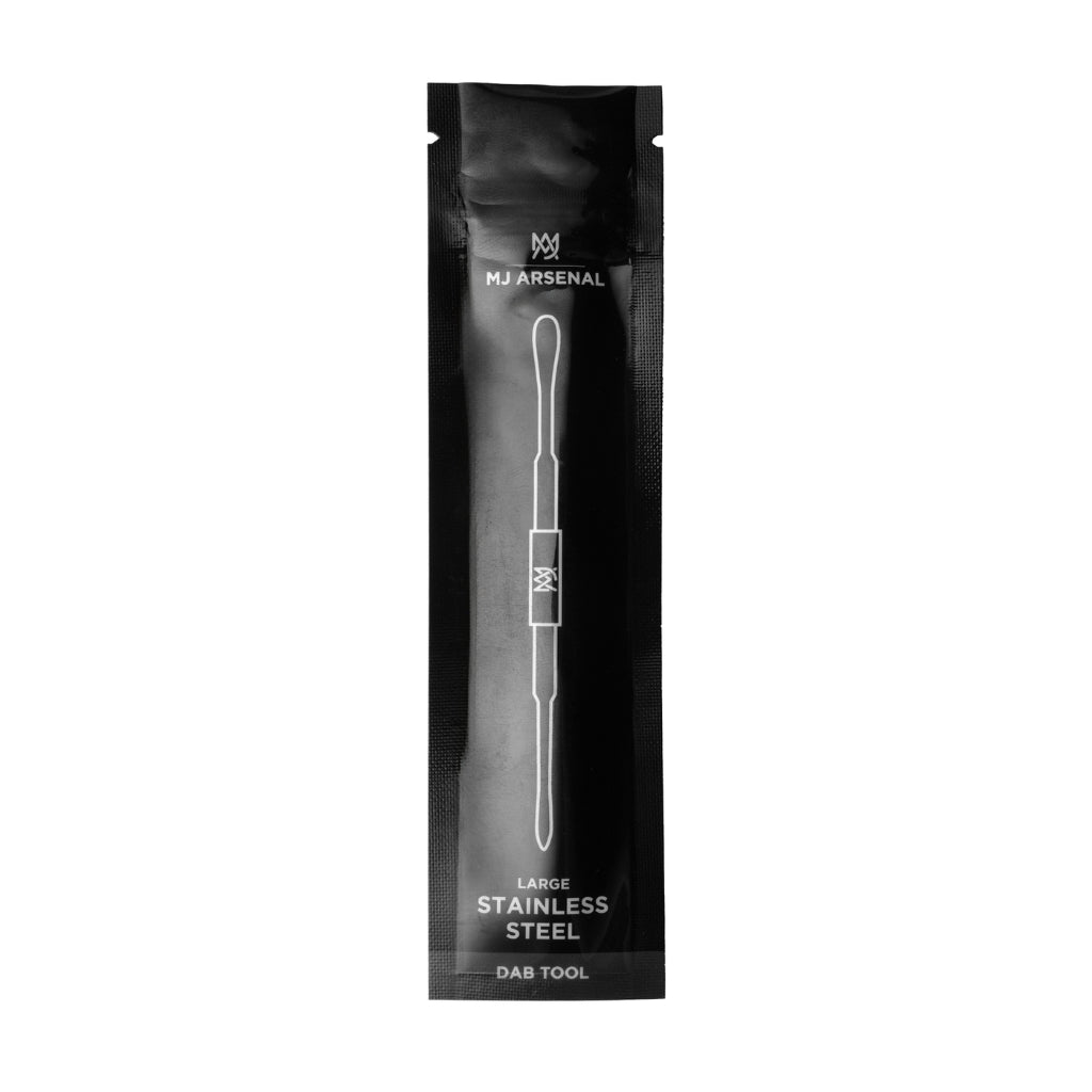 A stainless steel dab tool in its original black packaging, featuring the MJ Arsenal brand logo and white text.