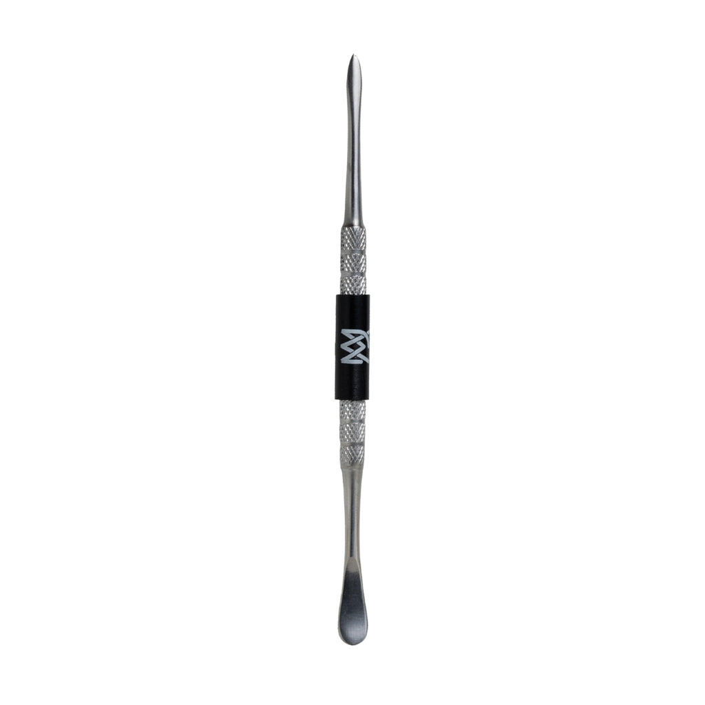 A double-ended metal dab tool with a textured silver handle, a black grip band featuring a white stylized logo, and a pointed tip on one end and a flat scraping or pushing tip on the other, shown against a plain white background.