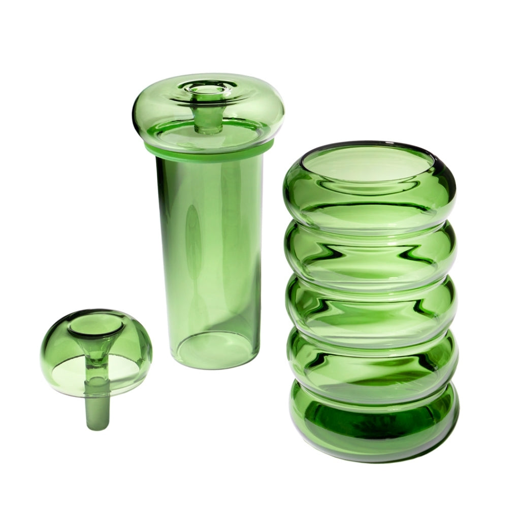 NWTN Home Bolla Gravity Pipe in green disassembled, showing glass shell, core, and slide