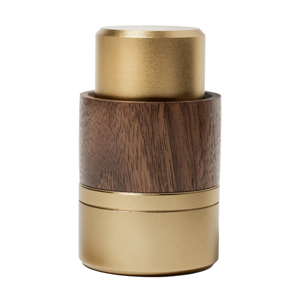NWTN Home Mortar & Pestle Grinder fully assembled, showing aluminum finish and black walnut sleeve