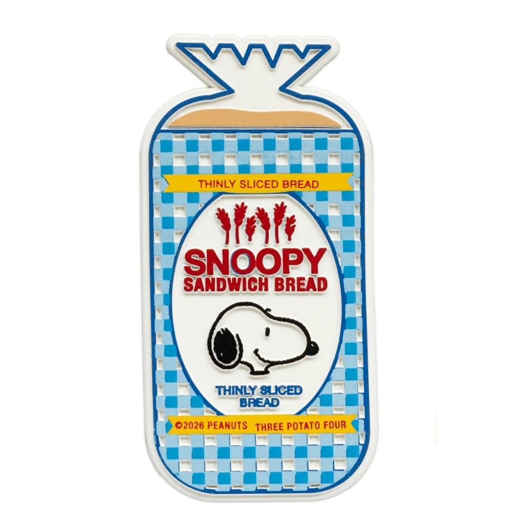 Peanuts Snoopy Sandwich Bread fridge magnet by Three Potato Four, retro blue gingham bread bag design in molded rubber