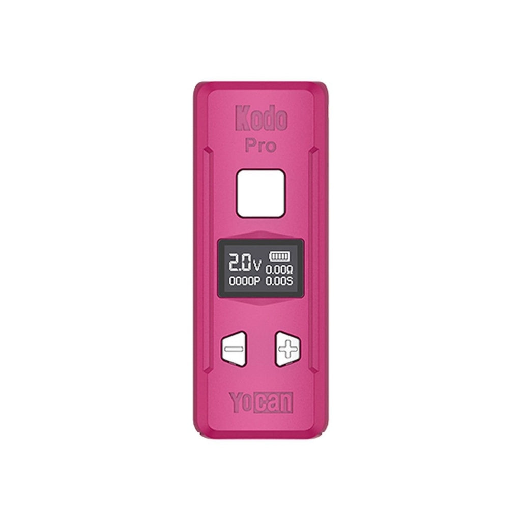 Bright pink Yocan Kodo Pro cartridge battery featuring an OLED display, adjustable voltage buttons, and a compact design.