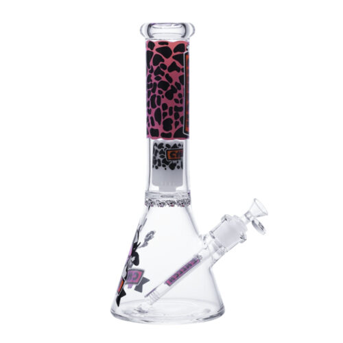 cheech-glass-cow-print-beaker-bong Cheech Glass Strawberry Milk Cow Beaker Bong in pink front view