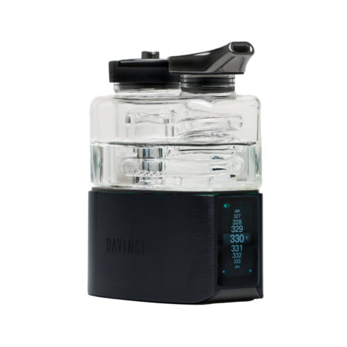 davinci-eq-e-rig-onyx-black-side-angle DaVinci EQ E-Rig with a clear glass bubbler and sleek black base featuring a touchscreen display for temperature control.