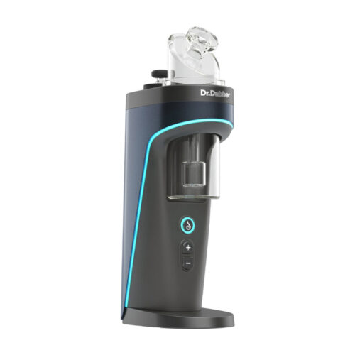 Dr. Dabber Switch² vaporizer in black with blue accents featuring a glass percolator and an ergonomic design.