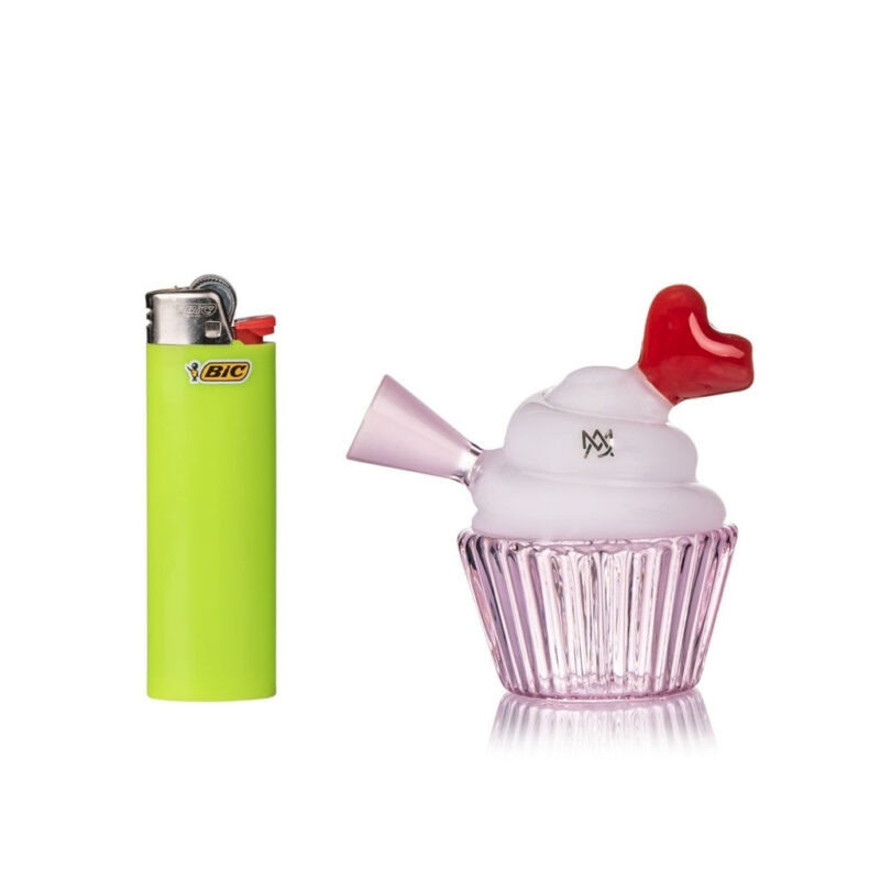 mj-arsenal-baby-cake-joint-bubbler-lighter-size MJ Arsenal Baby Cake Joint Bubbler next to a lighter for size