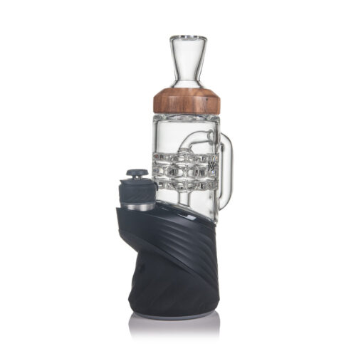 mj-arsenal-halo-puffco-peak-attachment MJ Arsenal Halo Puffco Peak Top featuring clear borosilicate glass walnut accents and ergonomic grip for easy handling.