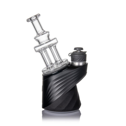 mj-arsenal-quadra-attachment-puffco-peak-pro MJ Arsenal Quadra Puffco Peak Top featuring a clear borosilicate glass top with a black silicone base and a sleek four-post design.