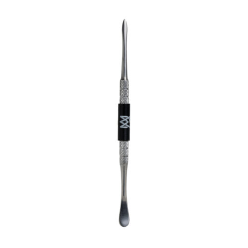mj-arsenal-stainless-steel-dab-tool A double-ended metal dab tool with a textured silver handle a black grip band featuring a white stylized logo and a pointed tip on one end and a flat scraping or pushing tip on the other shown against a plain white background.