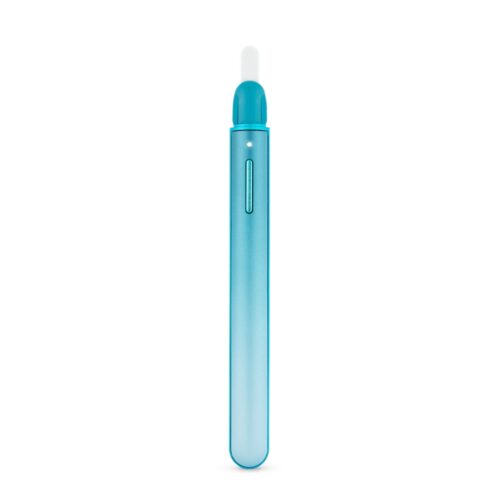 puffco-hot-knife-glacier-ceramic-tip Puffco Hot Knife in Glacier with the cap removed, showing the white ceramic loading tip, teal tip housing, single-button control, and LED indicator on a gradient aqua body