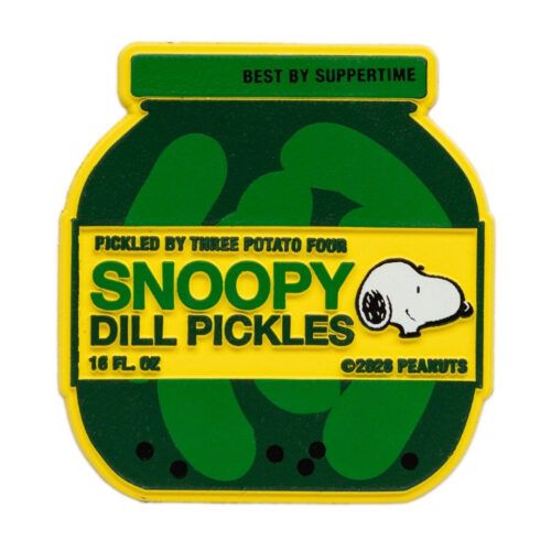 Three Potato Four Peanuts Snoopy Dill Pickle Jar Fridge Magnet front view