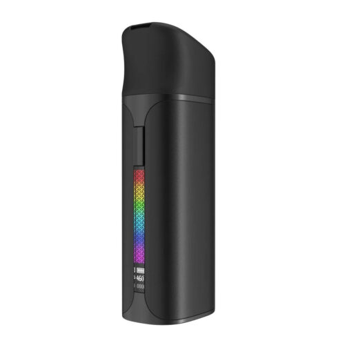 yocan-pocket-vaporizer-black Compact black Yocan Pocket Concentrate Vaporizer with an angled mouthpiece and colorful temperature display.